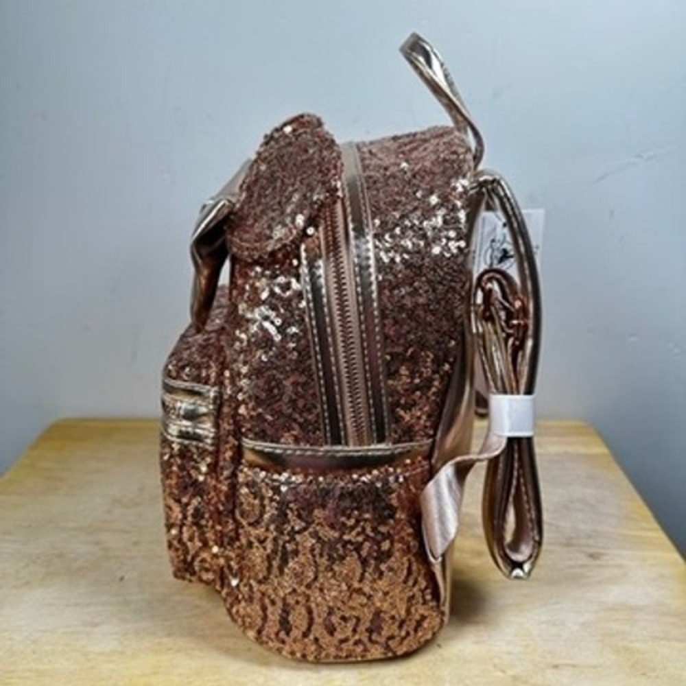Loungefly Disney Parks Minnie Mouse Rose Gold Sequin Mini Backpack Bow NWT - Picture 4 of 14